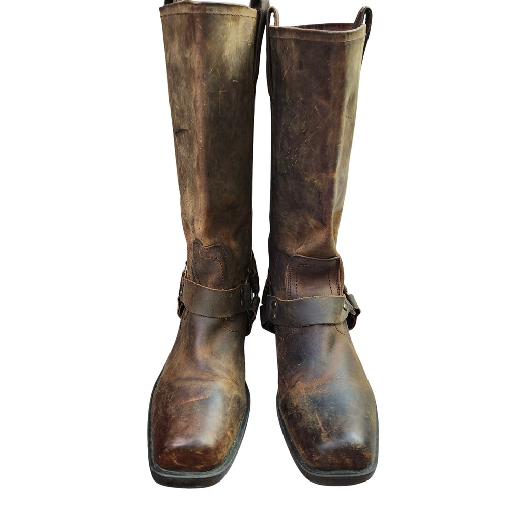 Mossimo Supply Co L 9.5 Brown Leather Harness Biker Boots Square Toe Distressed - Picture 12 of 12